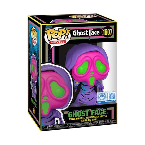 Funko Pop! Movies Ghost Face Blacklight figure from Shak's Pop Shop, featuring the iconic horror character in collectible style.