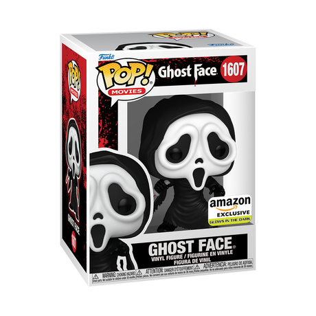 Funko Pop! Movies Ghostface glow-in-the-dark figure from Shak's Pop Shop, featuring detailed design and iconic mask.