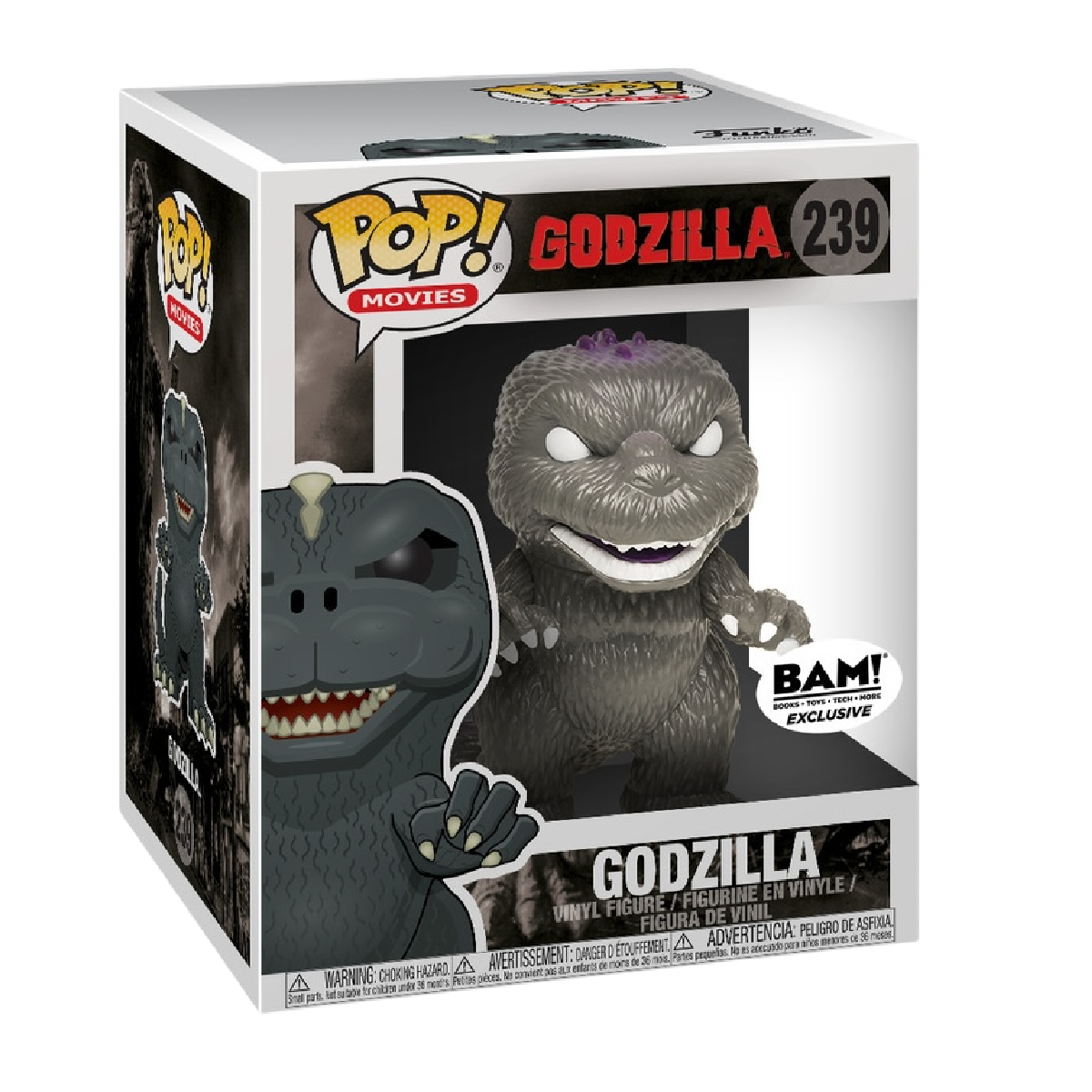 Funko Pop! Movies Godzilla figure in black and white with purple back, BAM exclusive, featuring classic Godzilla details.