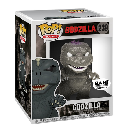Funko Pop! Movies Godzilla figure in black and white with purple back, BAM exclusive, featuring classic Godzilla details.
