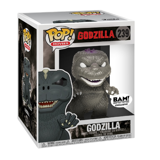 Funko Pop! Movies Godzilla figure in black and white with purple back, BAM exclusive, featuring classic Godzilla details.