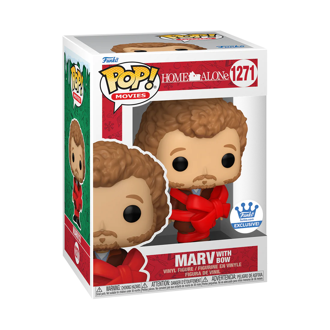 Funko Pop! Movies Home Alone Marv with Bow figure by Shak's Pop Shop, shown in its box with minor imperfections.