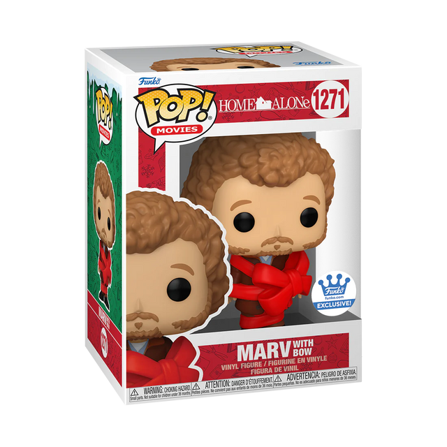 Funko Pop! Movies Home Alone Marv with Bow figure by Shak's Pop Shop, shown in its box with minor imperfections.