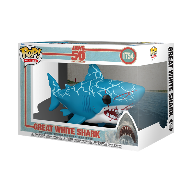 Funko Pop! Movies Jaws 50th Anniversary Great White Shark figure, 6-inch collectible toy with detailed features.