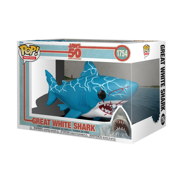 Funko Pop! Movies Jaws 50th Anniversary Great White Shark figure, 6-inch collectible toy with detailed features.