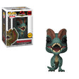 Funko Pop! Jurassic Park 25th Anniversary Dilophosaurus Chase figure with frill tucked down, detailed dinosaur collectible.