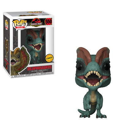 Funko Pop! Jurassic Park 25th Anniversary Dilophosaurus Chase figure with frill tucked down, detailed dinosaur collectible.