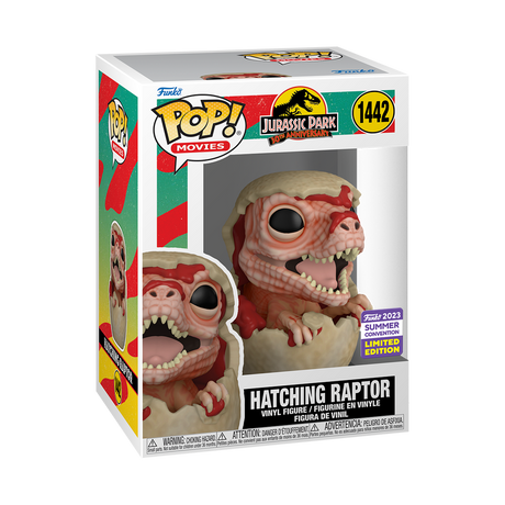 Funko Pop! Jurassic Park 30th Anniversary Hatching Raptor figure, summer convention exclusive, with detailed dinosaur design.