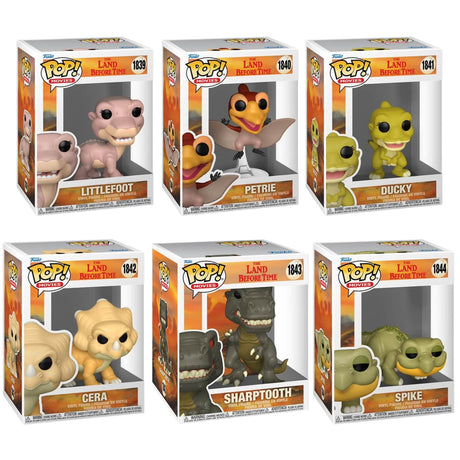Six Funko Pop! figures from the Land Before Time movie series featuring characters in colorful vinyl collectibles.