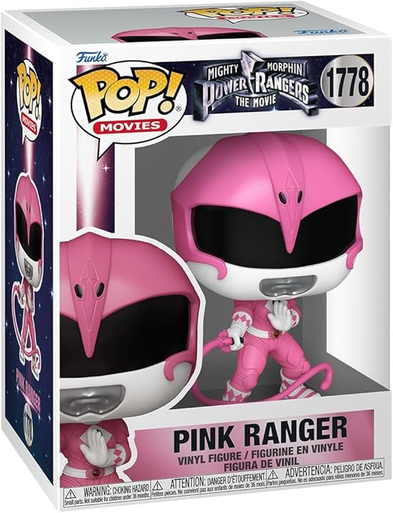 Funko Pop! Movies Pink Ranger figure from Mighty Morphin Power Rangers, featuring pink suit and helmet, collectible toy.