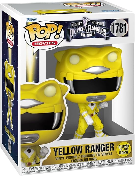Glow-in-the-dark Funko Pop! Yellow Ranger figure from Mighty Morphin Power Rangers The Movie, featuring detailed Power Rangers character design.