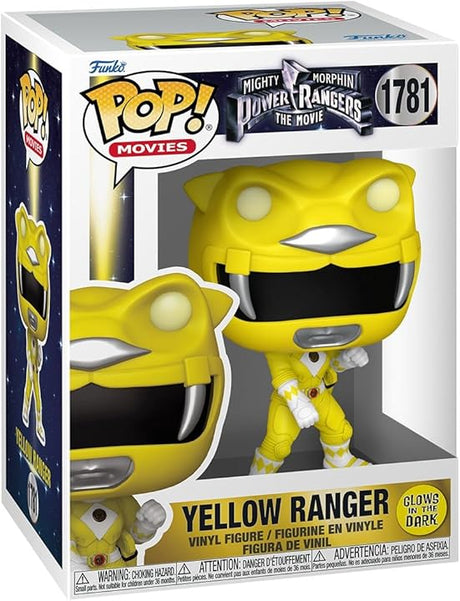 Glow-in-the-dark Funko Pop! Yellow Ranger figure from Mighty Morphin Power Rangers The Movie, featuring detailed Power Rangers character design.