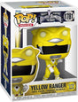 Glow-in-the-dark Funko Pop! Yellow Ranger figure from Mighty Morphin Power Rangers The Movie, featuring detailed Power Rangers character design.