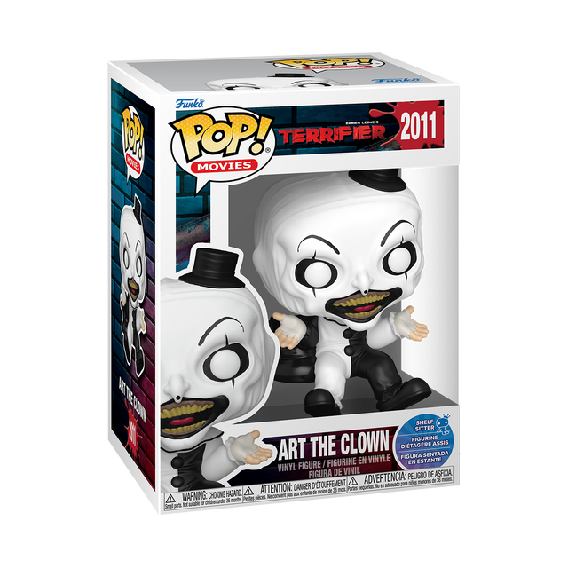 Funko Pop! Movies Art the Clown shelf sitter figure from Terrifier, featuring detailed clown costume and expressive face.