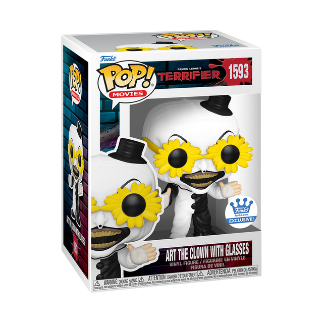Funko Pop! Movies: Terrifier Art The Clown with Glasses figure, collectible vinyl toy from Shak's Pop Shop, Funko Shop exclusive.