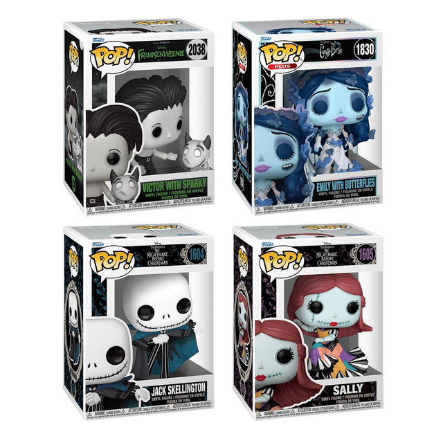 Four Funko Pop! figures from the Tim Burton Movies bundle, featuring stylized collectible vinyl characters.