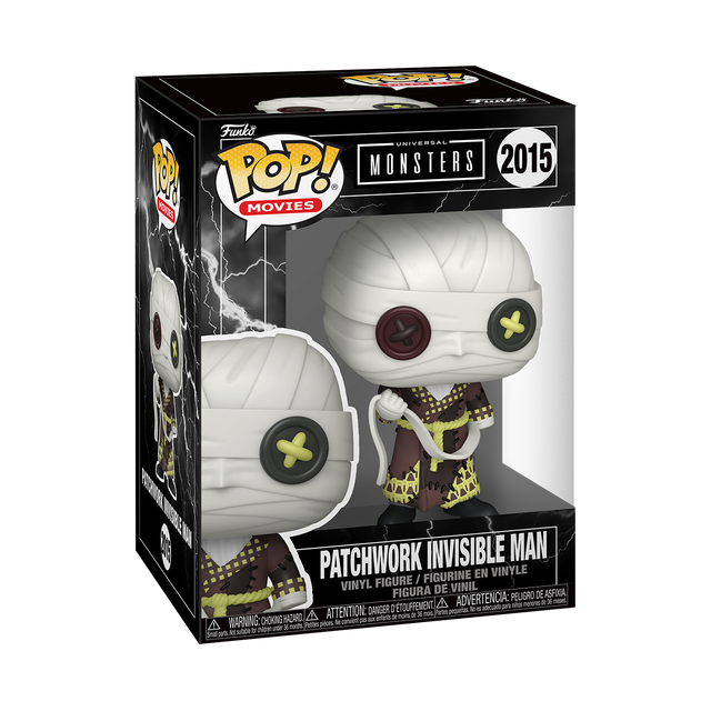 Funko Pop! Movies Universal Monsters Patchwork Invisible Man figure with detailed patchwork costume, collectible vinyl toy.