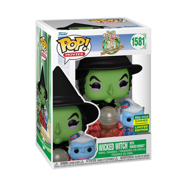 Funko Pop! Movies Wizard of Oz Wicked Witch with Winged Monkey figure, 2024 SDCC shared exclusive, collectible toy.