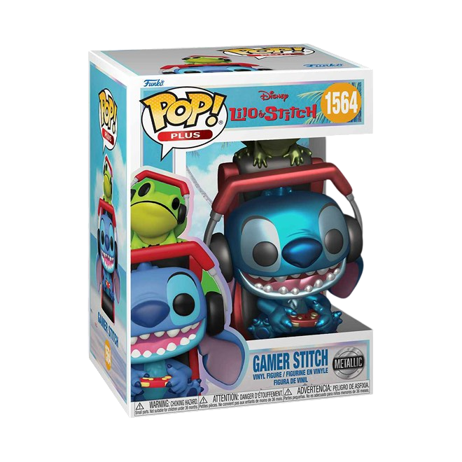 Metallic Gamer Stitch Funko Pop! Plus figure from Disney's Lilo and Stitch, featuring Stitch in gaming attire with a shiny finish.