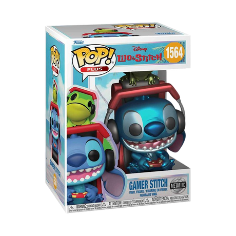 Metallic Gamer Stitch Funko Pop! Plus figure from Disney's Lilo and Stitch, featuring Stitch in gaming attire with a shiny finish.