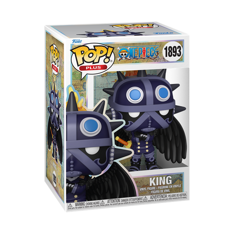 Funko Pop! Plus figure of King from One Piece, featuring detailed design and vibrant colors, collectible anime character.