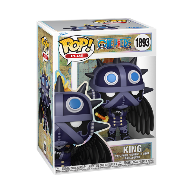 Funko Pop! Plus figure of King from One Piece, featuring detailed design and vibrant colors, collectible anime character.