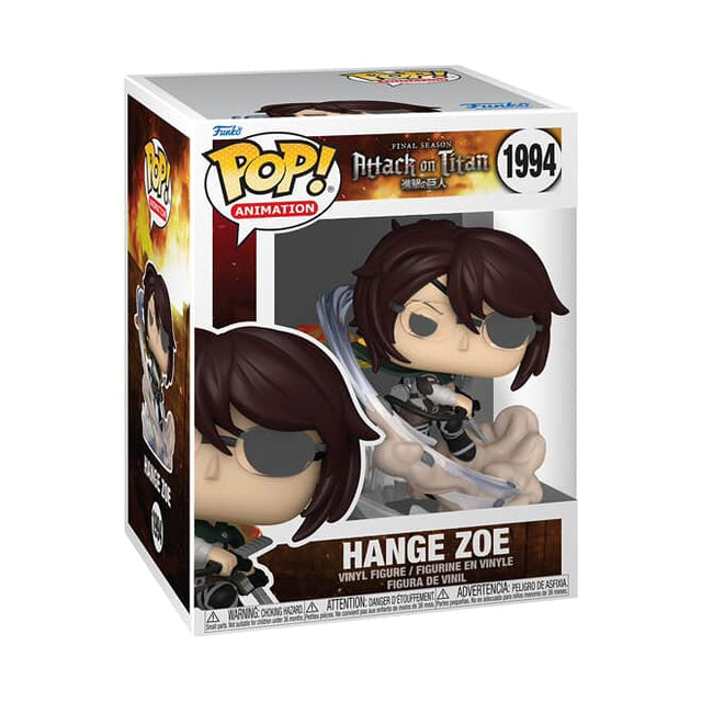 Funko Pop! Premium figure of Hange Zoe from Attack on Titan, showcasing detailed character design and collectible packaging.