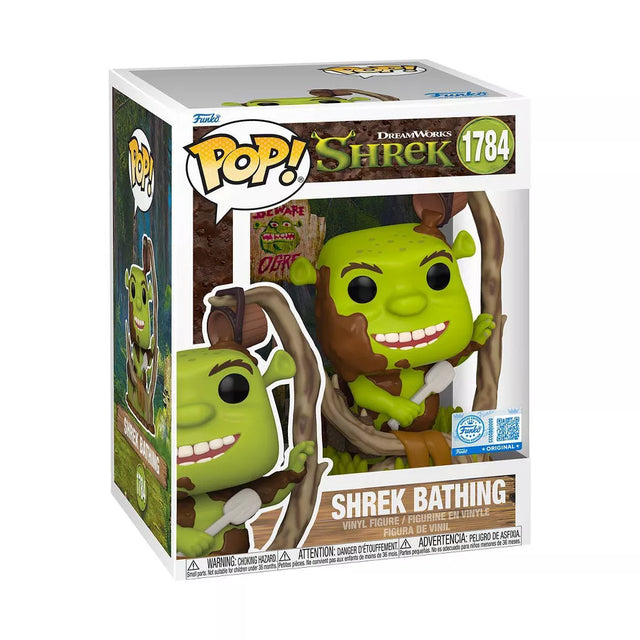 Funko Pop! Premium Shrek bathing figure from Shak's Pop Shop, featuring Shrek in a playful bath pose, Target exclusive.