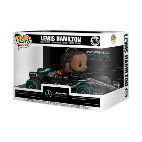 Funko Pop! Rides Mercedes Lewis Hamilton toy figure, featuring detailed F1 car design and collectible branding.
