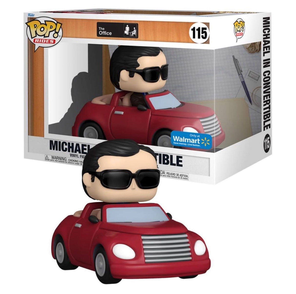 Funko Pop! Rides Michael in convertible car from The Office, Walmart exclusive, featuring detailed figure and vehicle design.