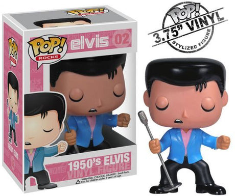 Funko Pop! Rocks 1950s Elvis Presley figure with box imperfections, featuring Elvis in iconic 1950s style clothing and hairstyle.