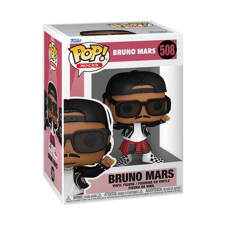 Funko Pop! Rocks Bruno Mars figure from Shak's Pop Shop, showcasing Bruno Mars in signature pose with detailed costume.