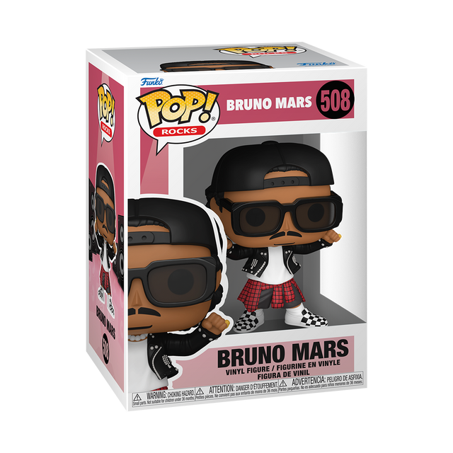 Funko Pop! Rocks Bruno Mars figure from Shak's Pop Shop, showcasing Bruno Mars in signature pose with detailed costume.