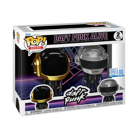 Funko Pop! Rocks Daft Punk Alive 2-Pack featuring stylized vinyl figures of Daft Punk members in iconic helmets, exclusive design.