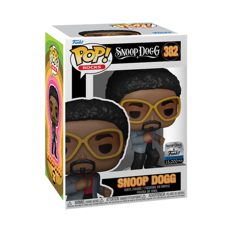 Funko Pop! Rocks Snoop Dogg Disco figure with box imperfection, collectible Funko Shop Exclusive, L.E. 15,000, detailed character design.