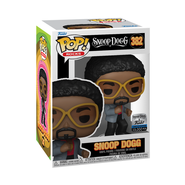 Funko Pop! Rocks Snoop Dogg Disco figure from Shak's Pop Shop, featuring Snoop in disco attire with a box showing imperfection.