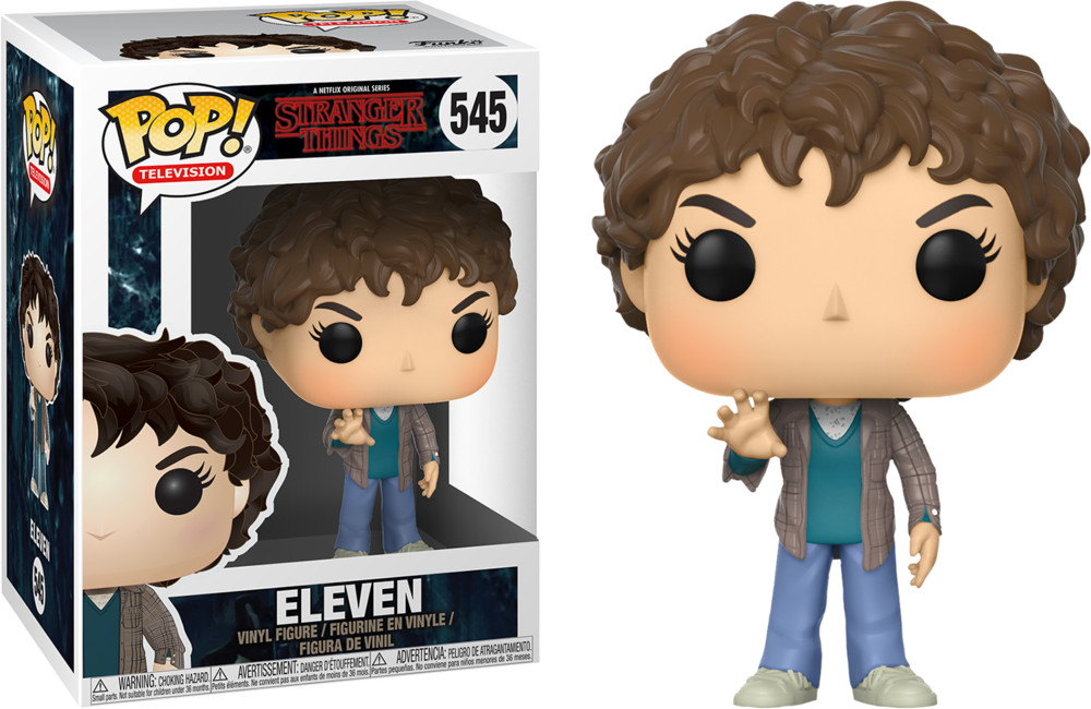 Funko Pop! Stranger Things Eleven (Season 2) figure with a bob haircut, wearing a pink dress and holding a box, from Shak's Pop Shop.