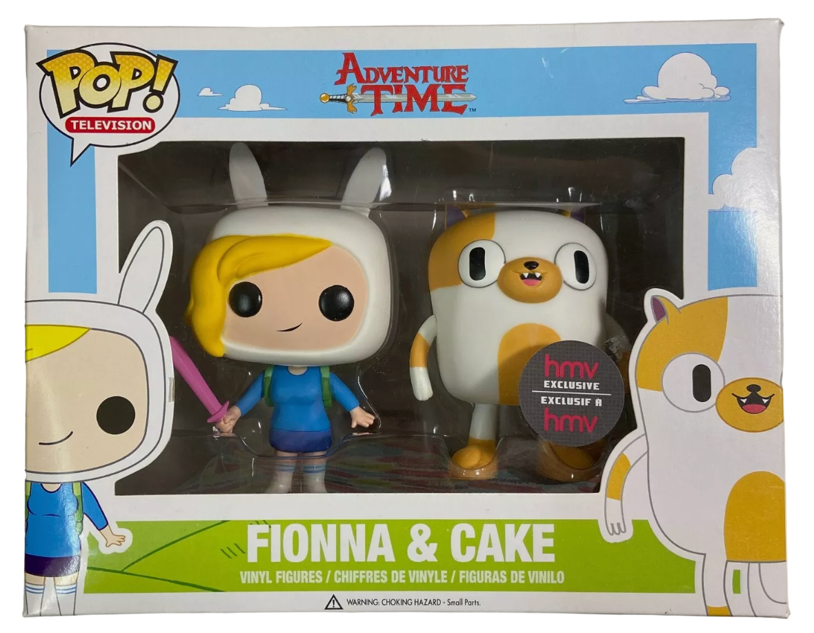 Funko Pop! Television Adventure Time Fionna & Cake figures from Shak's Pop Shop, HMV exclusive collectible toys.