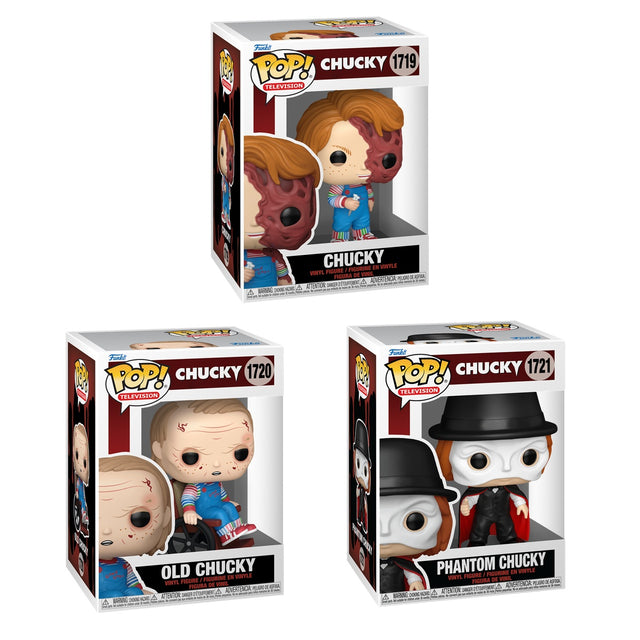 Three Funko Pop! figures of Chucky from Television series, featuring detailed vinyl collectibles in a bundle.