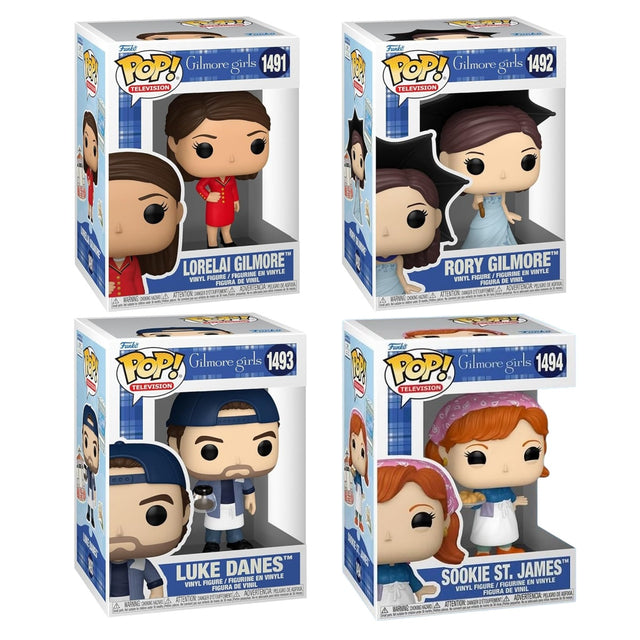 Set of four Funko Pop! figures from Gilmore Girls TV series, featuring collectible characters in colorful vinyl packaging.