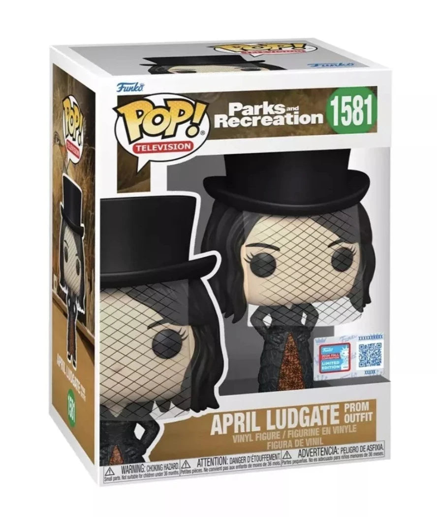 Funko Pop! April Ludgate from Parks and Recreation in prom outfit, 2024 NYCC shared exclusive, collectible vinyl figure.