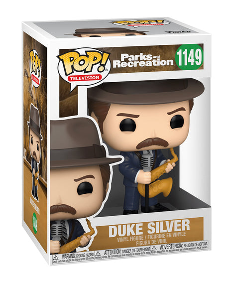 Funko Pop! of Duke Silver from Parks and Recreation, collectible television character figure with box imperfections.
