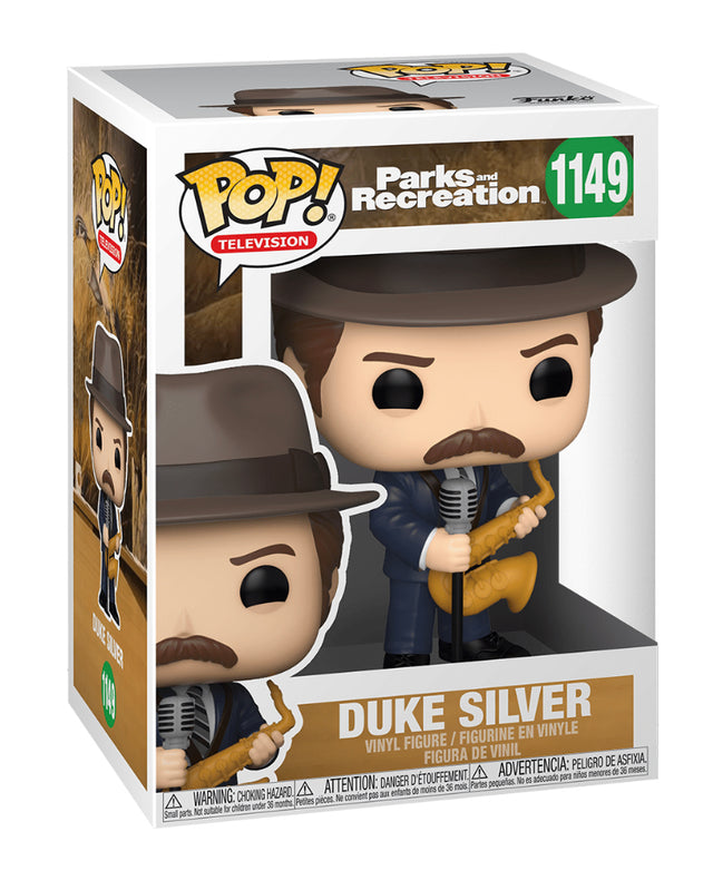 Funko Pop! of Duke Silver from Parks and Recreation, collectible television character figure with box imperfections.