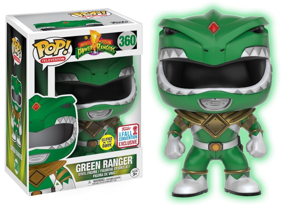 Funko Pop! Green Ranger Glow figure from Power Rangers TV series, 2017 Fall Convention Exclusive, with visible box imperfection.
