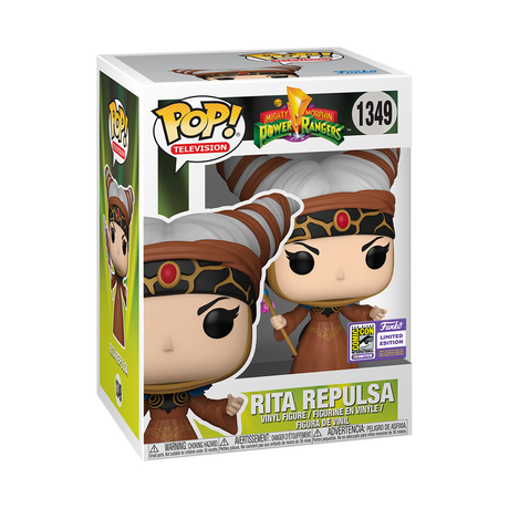Funko Pop! Television Power Rangers Rita Repulsa figure with SDCC 2023 con sticker, collectible toy from Shak's Pop Shop.