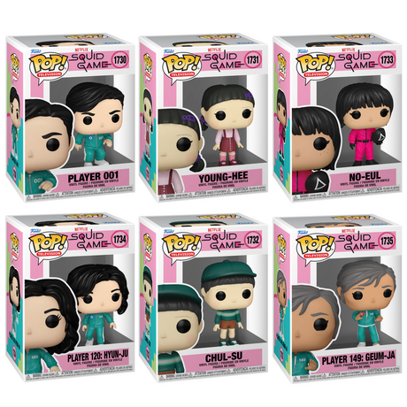 Six Funko Pop! figures from the Squid Game TV series in a bundle, featuring characters in detailed costumes and vibrant colors.