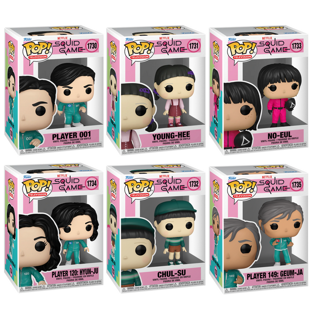 Six Funko Pop! figures from the Squid Game TV series in a bundle, featuring characters in detailed costumes and vibrant colors.
