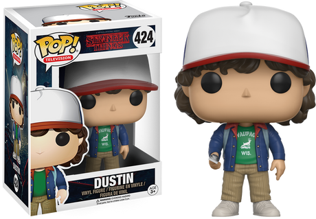 Funko Pop! Dustin figure from Stranger Things, collectible vinyl toy with detailed costume and hairstyle, in original packaging.