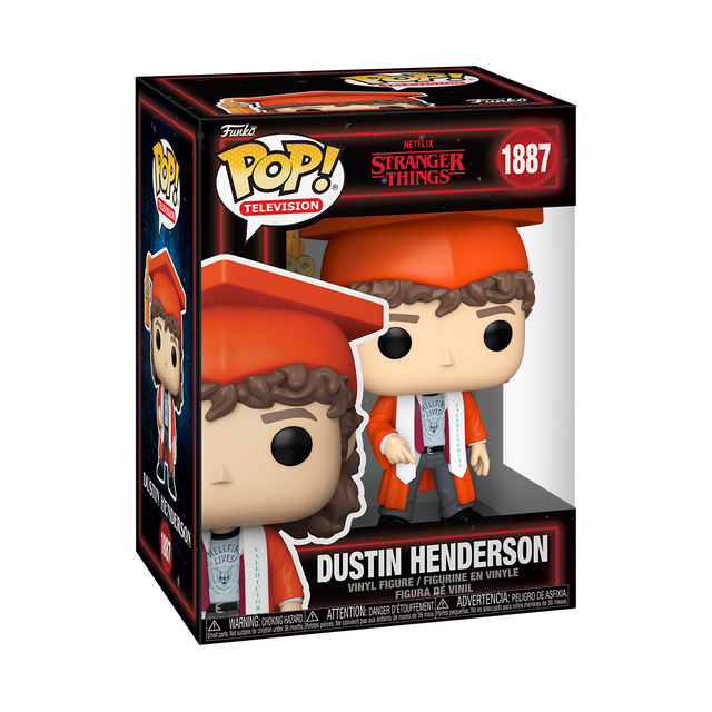 Funko Pop! Dustin Henderson figure from Stranger Things, collectible toy with detailed character design in box.