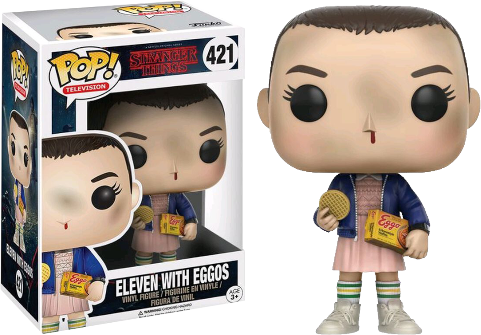 Funko Pop! Eleven with Eggos figure from Stranger Things, featuring Eleven holding Eggos in her hand, collectible toy with detailed design.